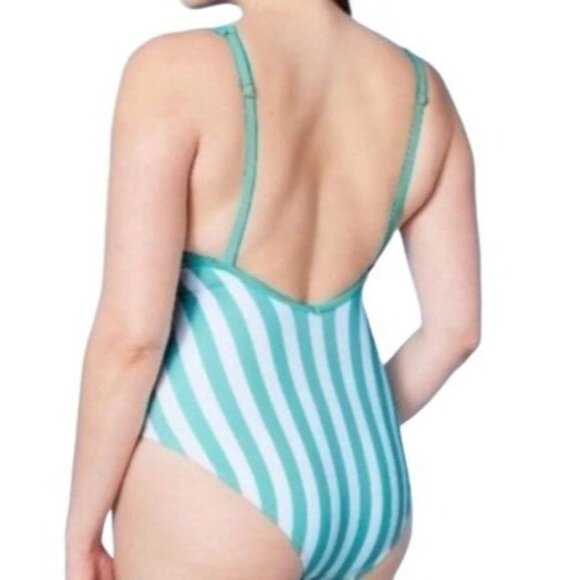 Kona Sol Plus One Piece Green Stripe Print V-Neck Bathing Suit Size 18W - Picture 2 of 11